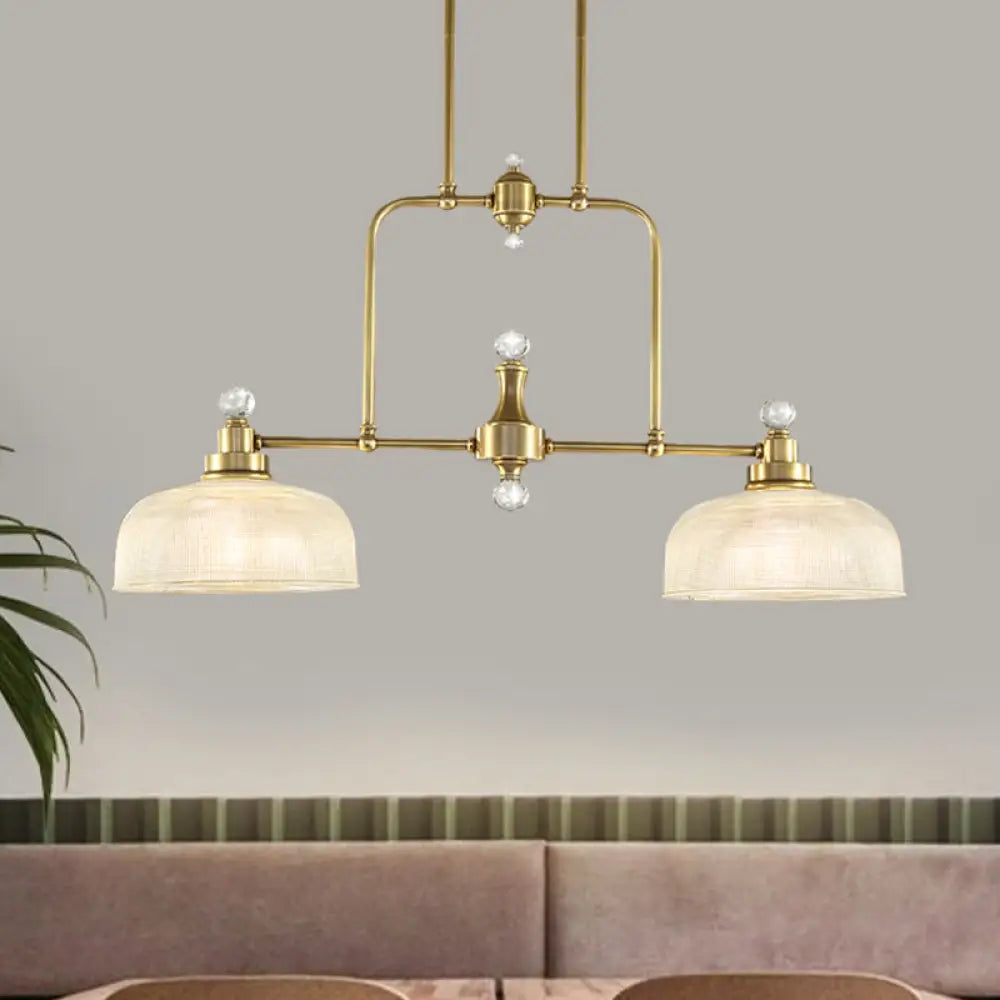 Country Style Gold Island Pendant With Clear Prismatic Glass And 2 Bulbs - Metal Hanging Light Kit