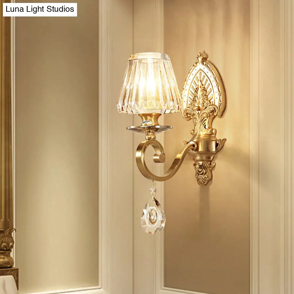 Country Style Gold Wall Mount Lighting With Cone Faceted Crystal Fixture & Swirl Arm