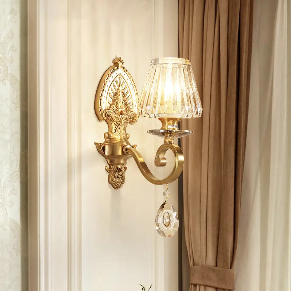 Country Style Gold Wall Mount Lighting With Cone Faceted Crystal Fixture & Swirl Arm