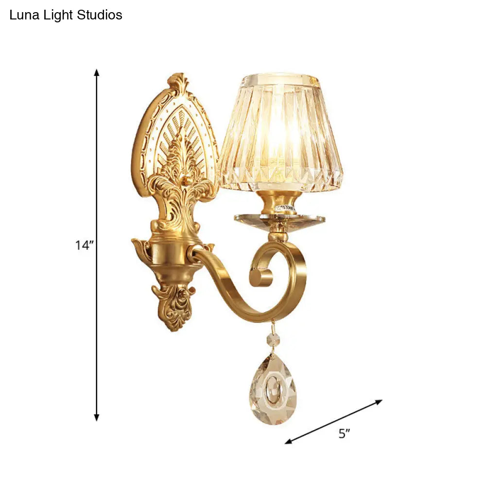 Country Style Gold Wall Mount Lighting With Cone Faceted Crystal Fixture & Swirl Arm