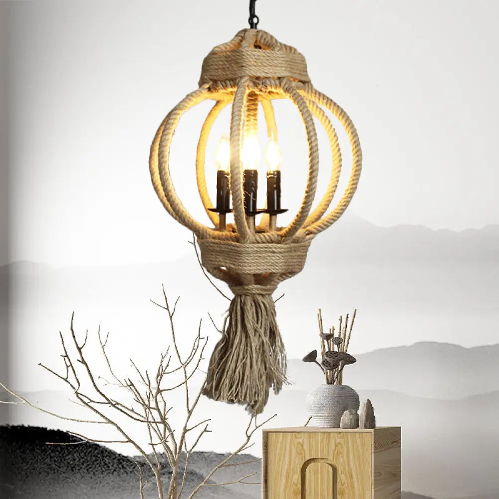 Country Style Hemp Rope Chandelier: 3-Bulb Lantern Cage Hanging Lamp In Beige For Restaurants