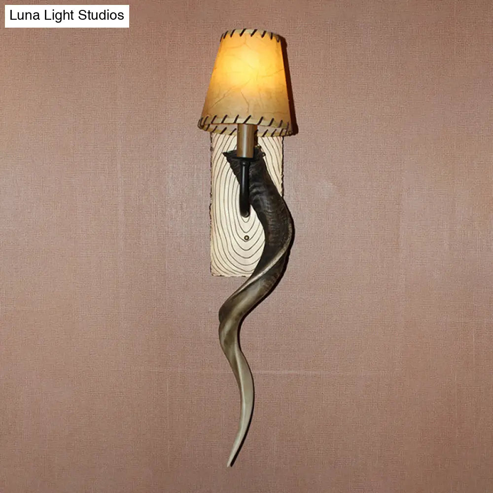 Country Style Horn Resin Bedroom Wall Lamp With Bronze Cone Shade & 1 Light