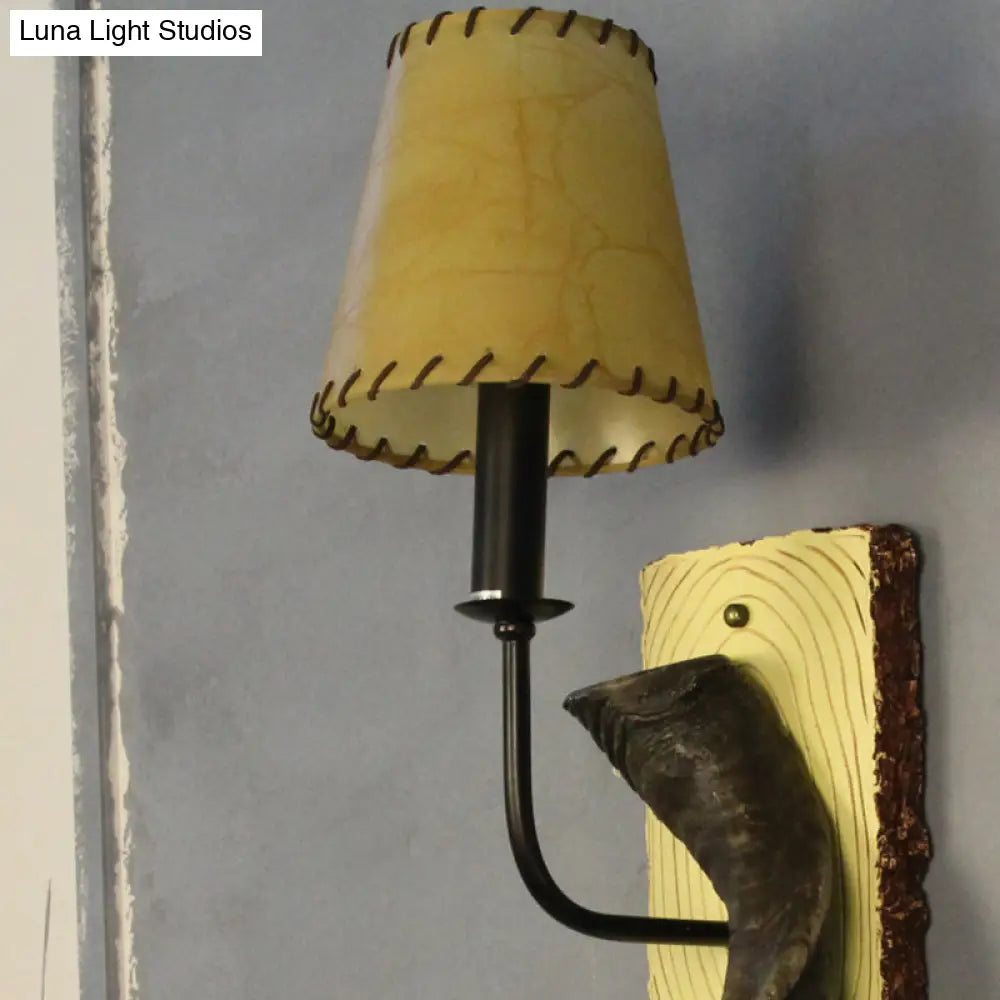 Country Style Horn Resin Bedroom Wall Lamp With Bronze Cone Shade & 1 Light