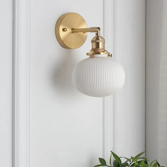 Country-Style Kitchen Wall Light Kit: Elliptical Ribbed Ceramic Lamp With Rotatable Brass Mount