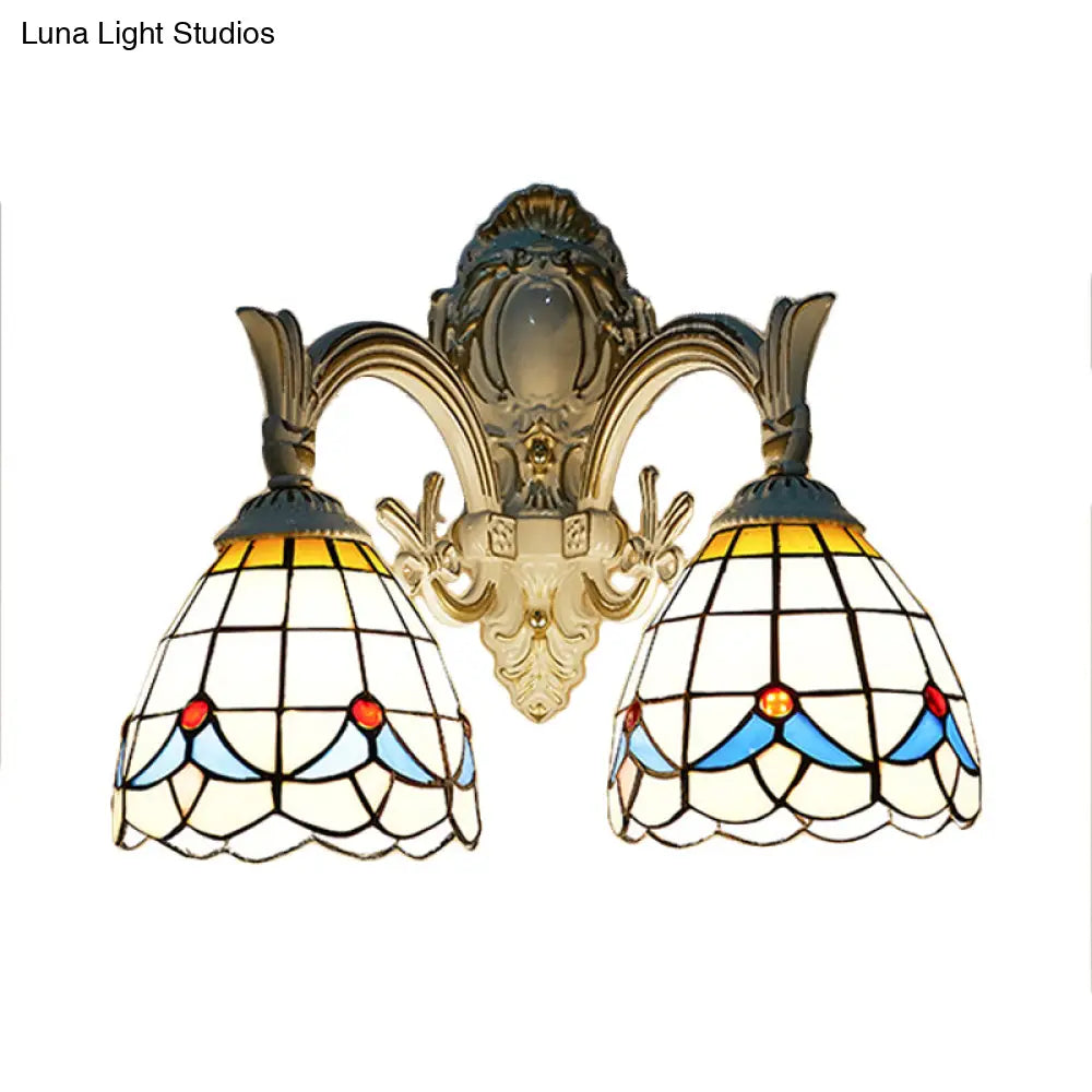 Country Style Magnolia Stained Glass Kitchen Sconce Lighting - White Wall Mount Light With 2 Lights