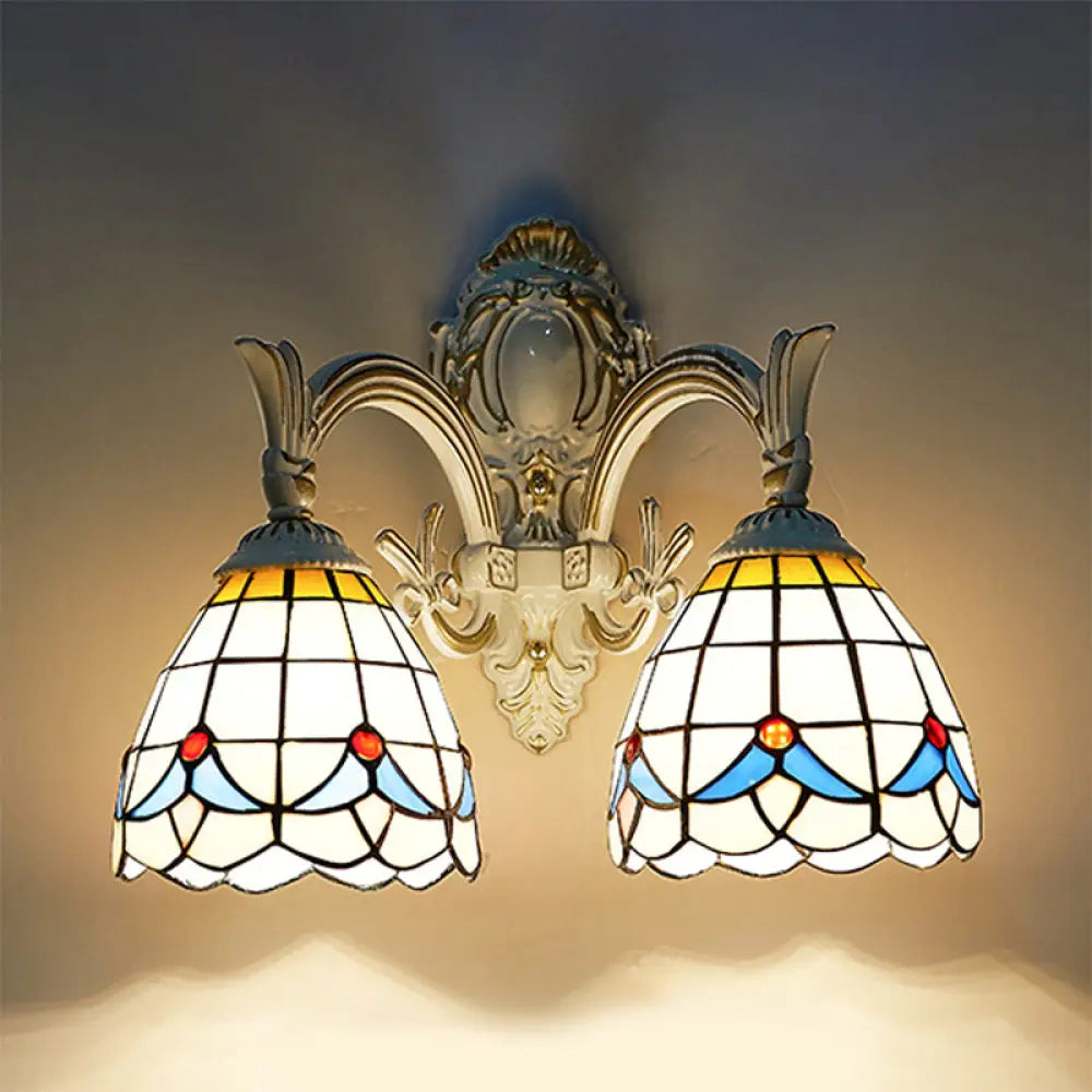 Country Style Magnolia Stained Glass Kitchen Sconce Lighting - White Wall Mount Light With 2 Lights