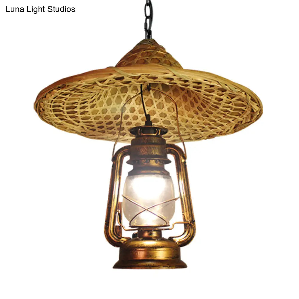 Metal Lantern Hanging Light - Country Style 12/23.5 W 1 Bulb Beige Pendant Lighting With Rattan Hat