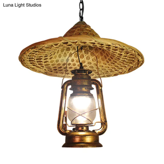 Metal Lantern Hanging Light - Country Style 12/23.5 W 1 Bulb Beige Pendant Lighting With Rattan Hat