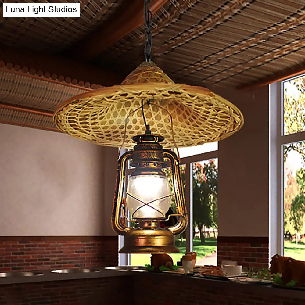 Metal Lantern Hanging Light - Country Style 12/23.5 W 1 Bulb Beige Pendant Lighting With Rattan Hat