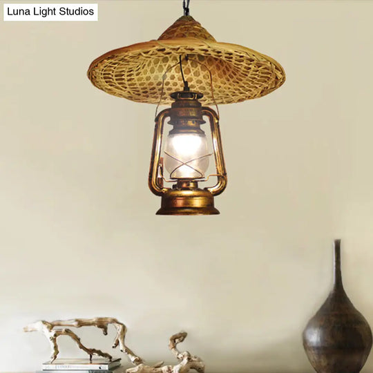 Metal Lantern Hanging Light - Country Style 12/23.5 W 1 Bulb Beige Pendant Lighting With Rattan Hat