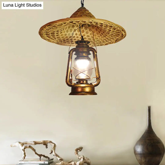 Country Style Metal Lantern Hanging Light - Beige Pendant With Rattan Hat Design 12’/23.5’