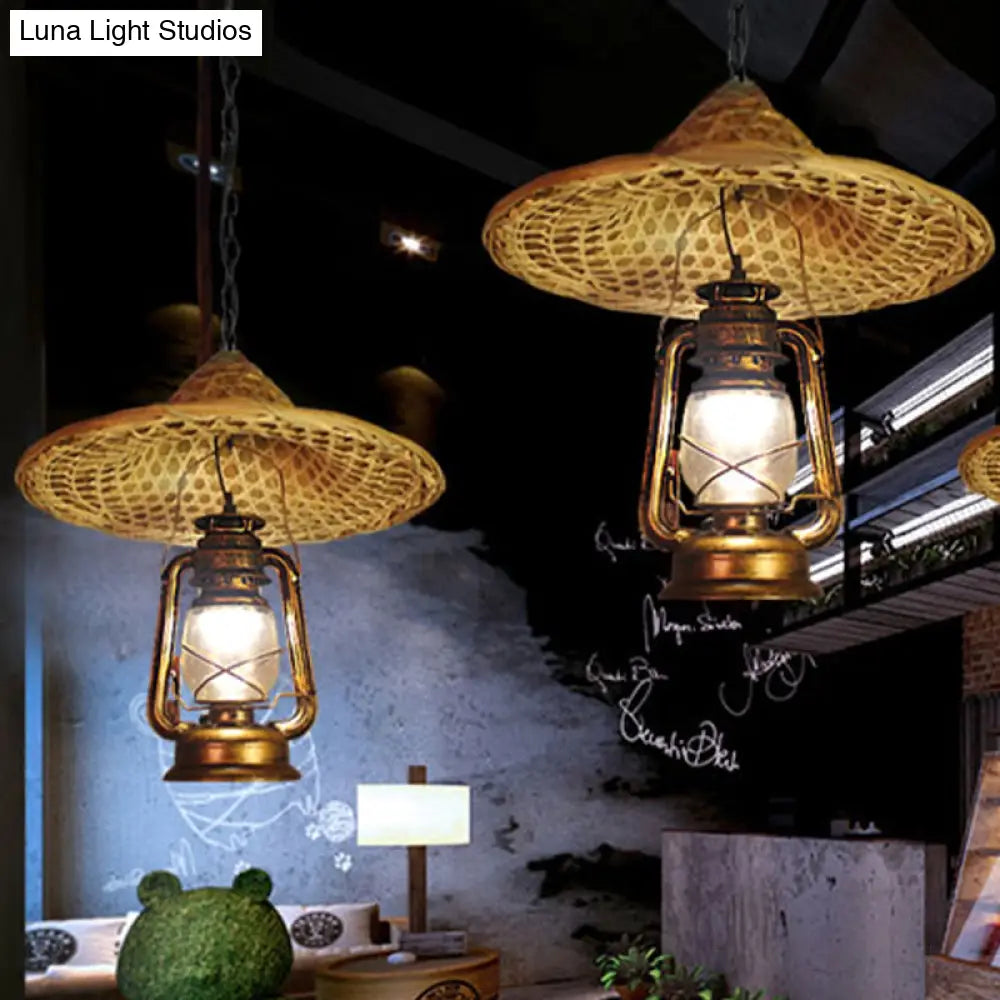 Country Style Metal Lantern Hanging Light - Beige Pendant With Rattan Hat Design 12’/23.5’