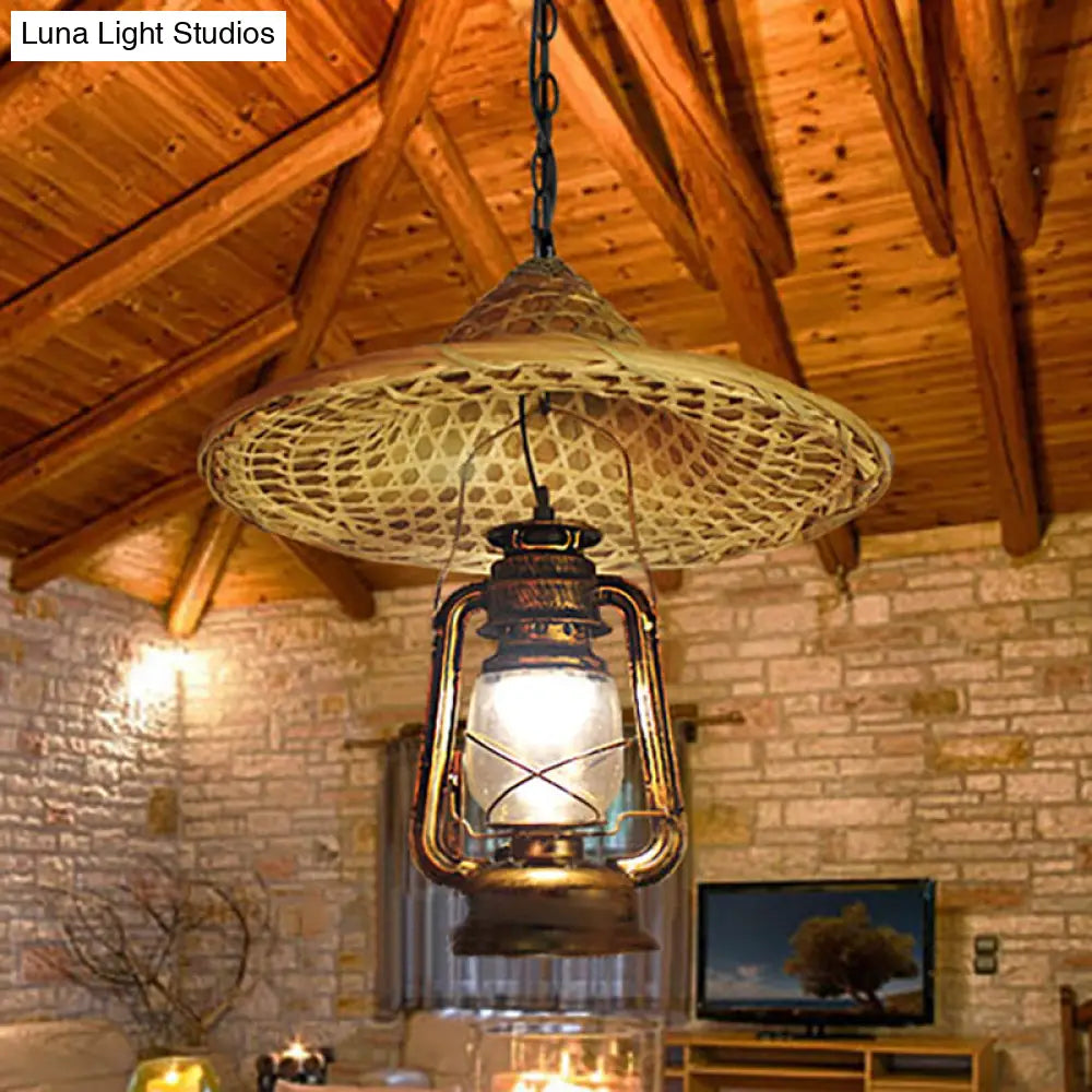 Metal Lantern Hanging Light - Country Style 12/23.5 W 1 Bulb Beige Pendant Lighting With Rattan Hat