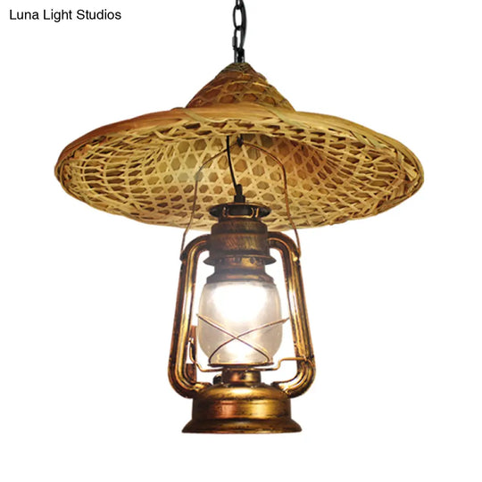 Country Style Metal Lantern Hanging Light - Beige Pendant With Rattan Hat Design 12’/23.5’