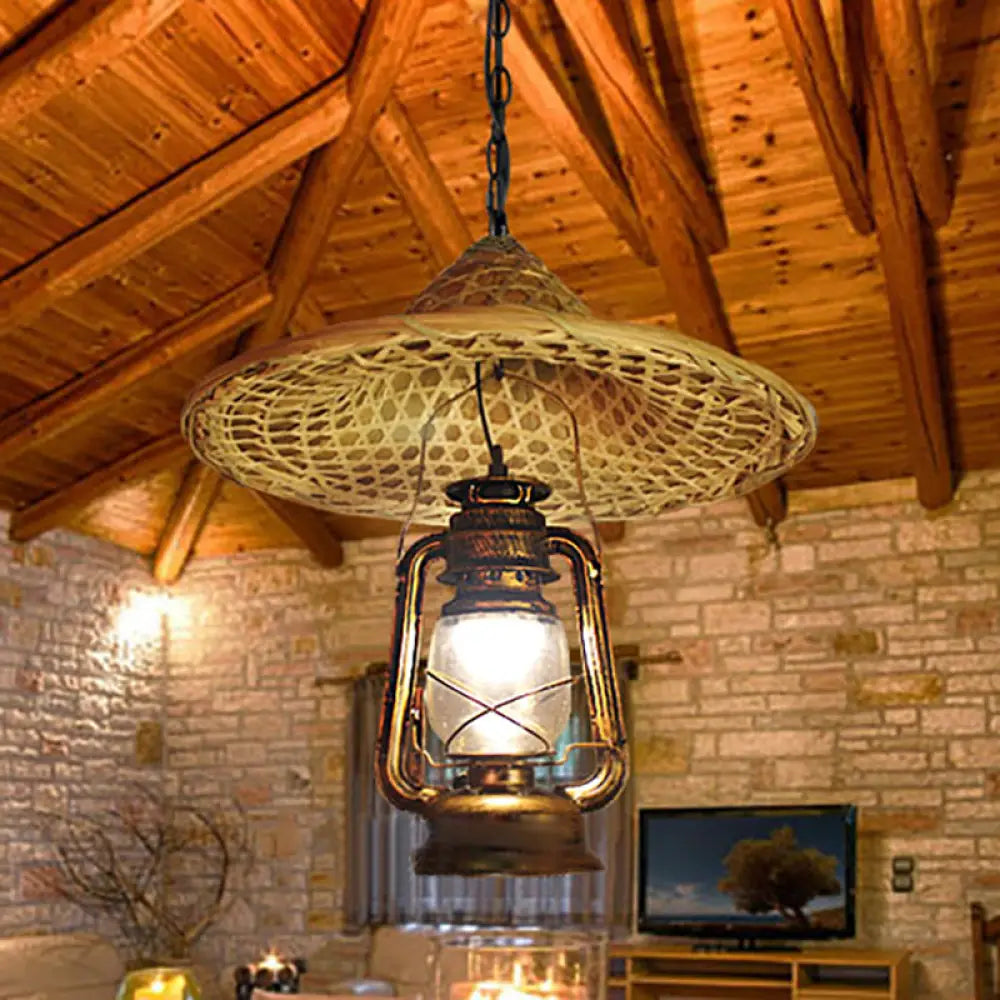 Country Style Metal Lantern Hanging Light - Beige Pendant With Rattan Hat Design 12’/23.5’