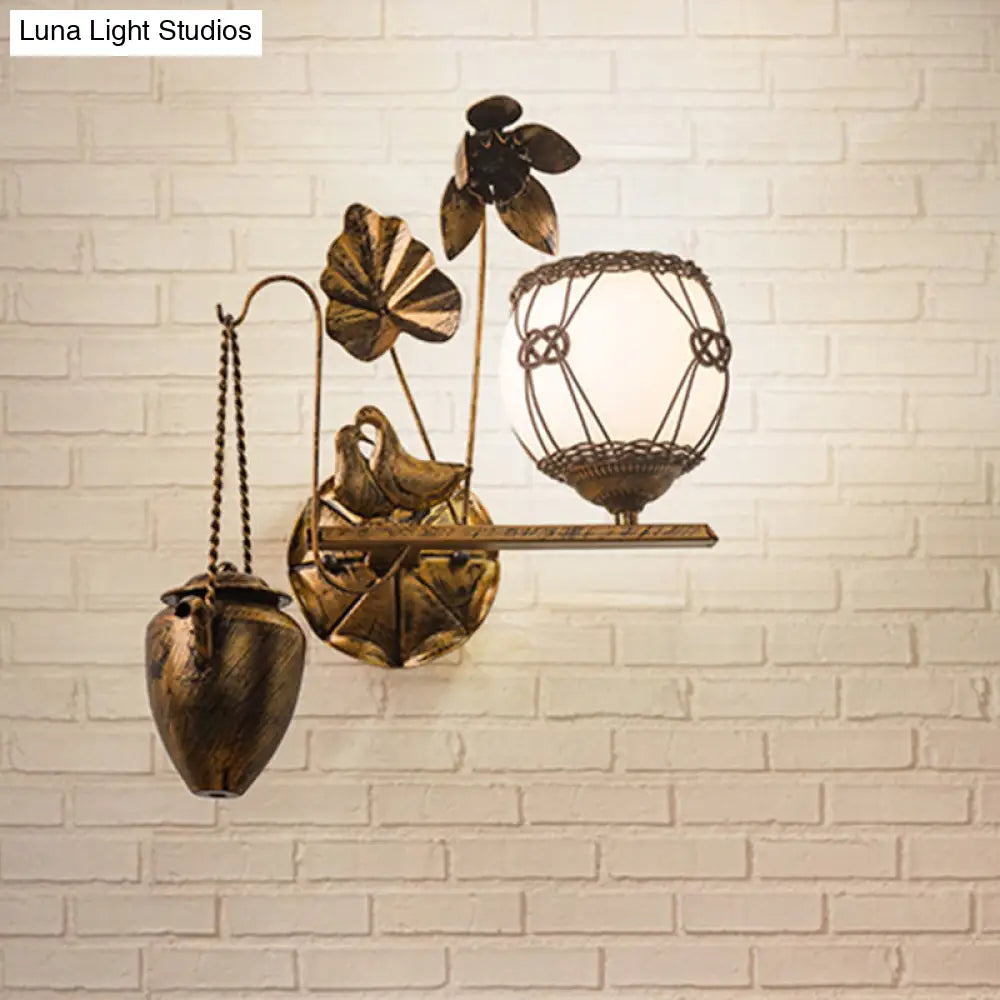 Country Style Milky Glass Antique Brass Sconce Lamp - Orb Wall Mount Lighting For Dining Room