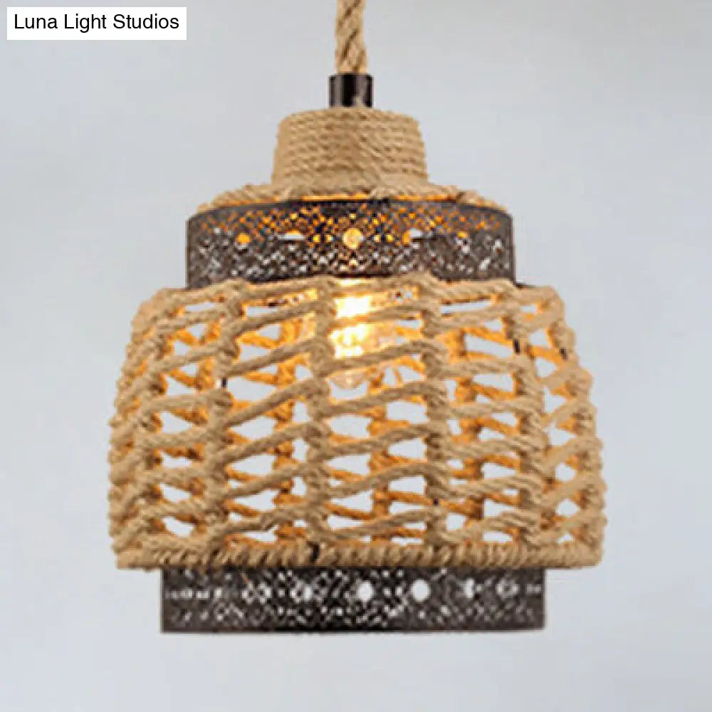 Country Style Cylindrical Ceiling Lamp - Beige 1-Light Pendant Light For Restaurants / B