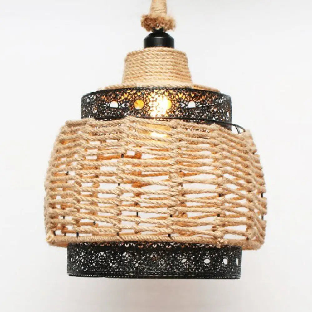 Country Style Pendant Lamp With Rope And Metal - Beige / A