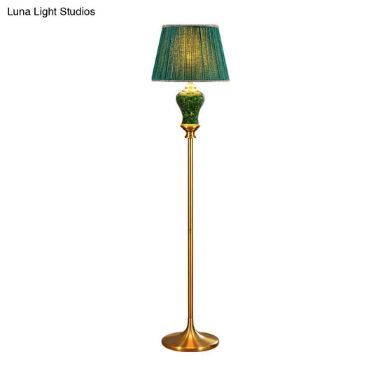 Country Style Plated Green Floor Lamp With Tapered Drum Shade And Ceramic Pot Decor