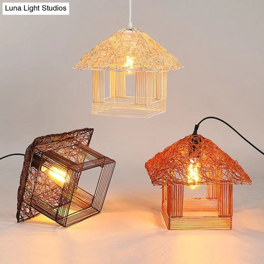 Country Style Rattan House Pendant Ceiling Light - Single Bulb Hanging Fixture