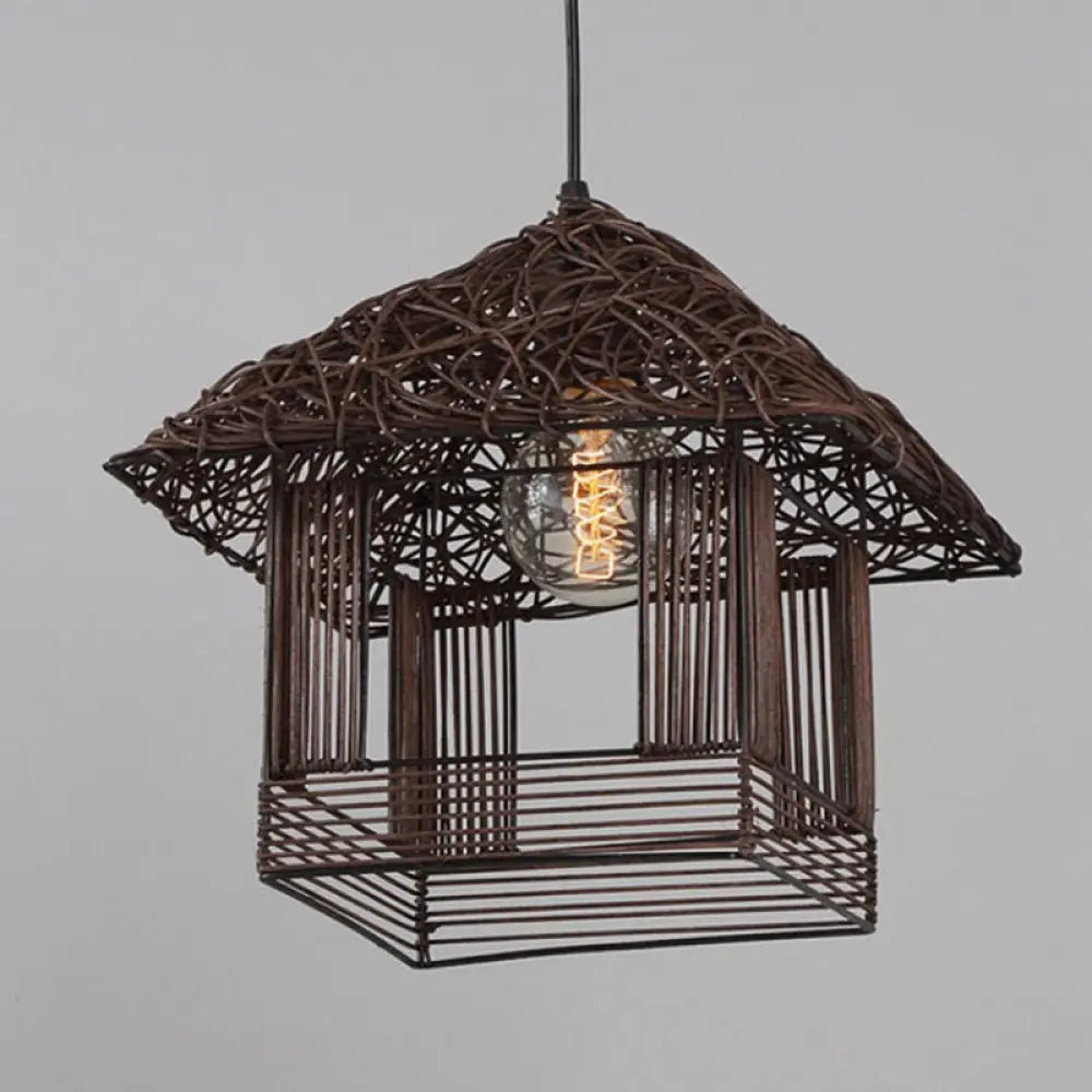 Country Style Rattan House Pendant Ceiling Light - Single Bulb Hanging Fixture Coffee / Small