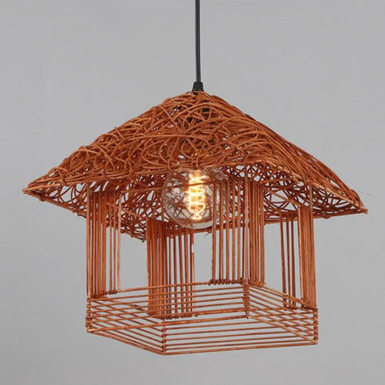 Country Style Rattan House Pendant Ceiling Light - Single Bulb Hanging Fixture Orange / Small