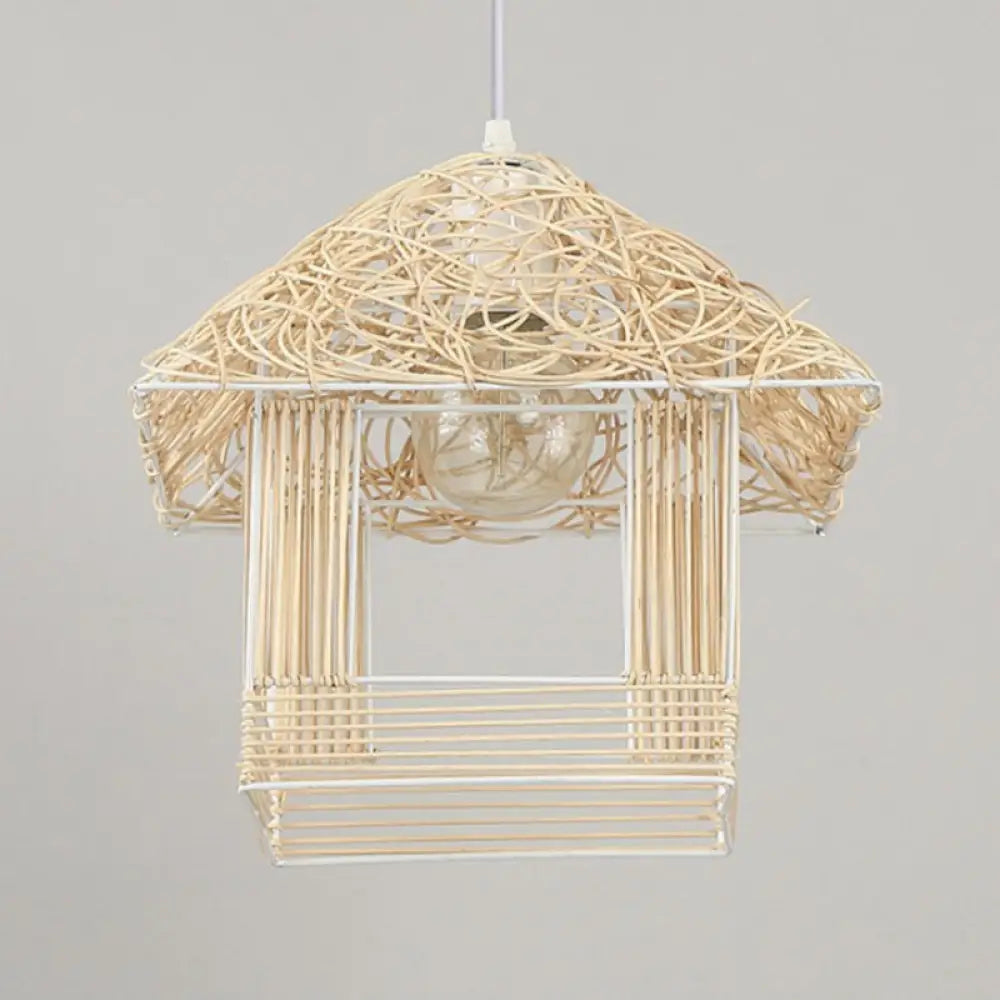 Country Style Rattan House Pendant Ceiling Light - Single Bulb Hanging Fixture Wood / Small