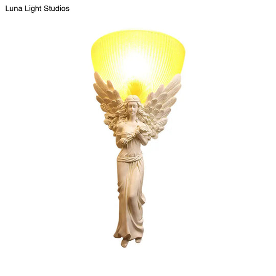 Country Style Resin Angel Sconce Light With Yellow Glass Shade - Gold/Silver/White Finish