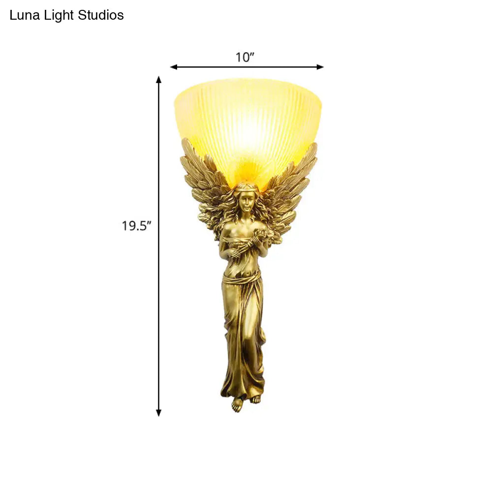 Country Style Resin Angel Sconce Light With Yellow Glass Shade - Gold/Silver/White Finish