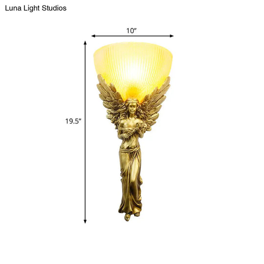 Country Style Resin Angel Sconce Light With Yellow Glass Shade - Gold/Silver/White Finish