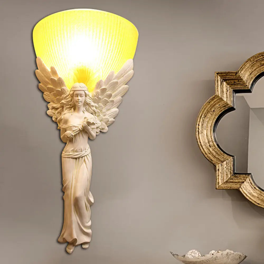 Country Style Resin Angel Sconce Light With Yellow Glass Shade - Gold/Silver/White Finish White