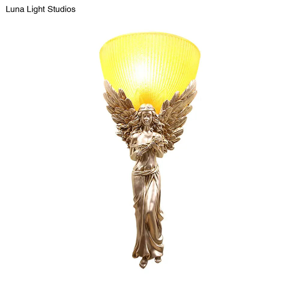 Country Style Resin Angel Sconce Light With Yellow Glass Shade - Gold/Silver/White Finish