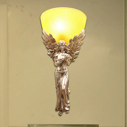 Country Style Resin Angel Sconce Light With Yellow Glass Shade - Gold/Silver/White Finish Silver