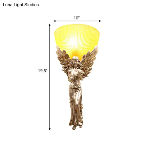 Country Style Resin Angel Sconce Light With Yellow Glass Shade - Gold/Silver/White Finish