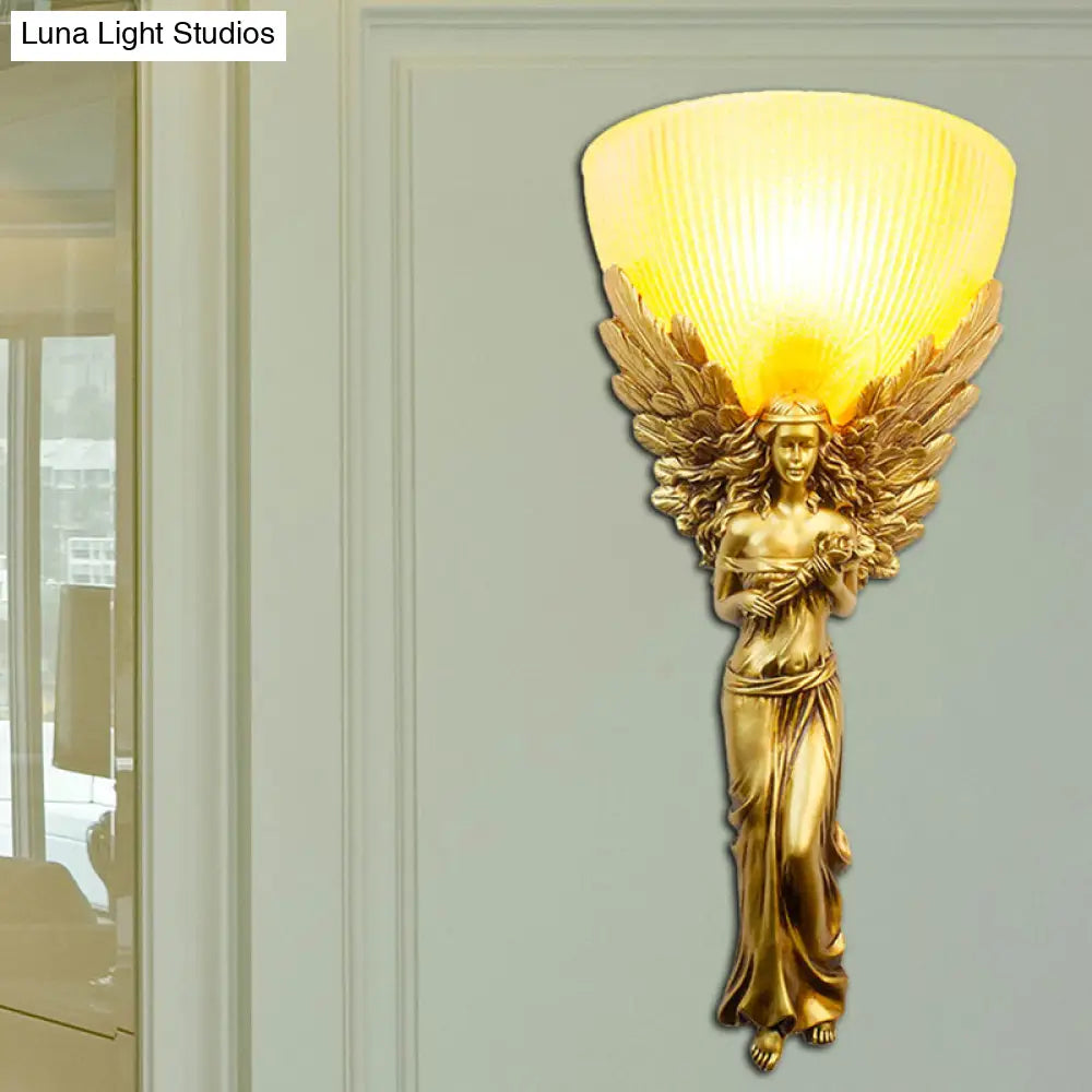 Country Style Resin Angel Sconce Light With Yellow Glass Shade - Gold/Silver/White Finish