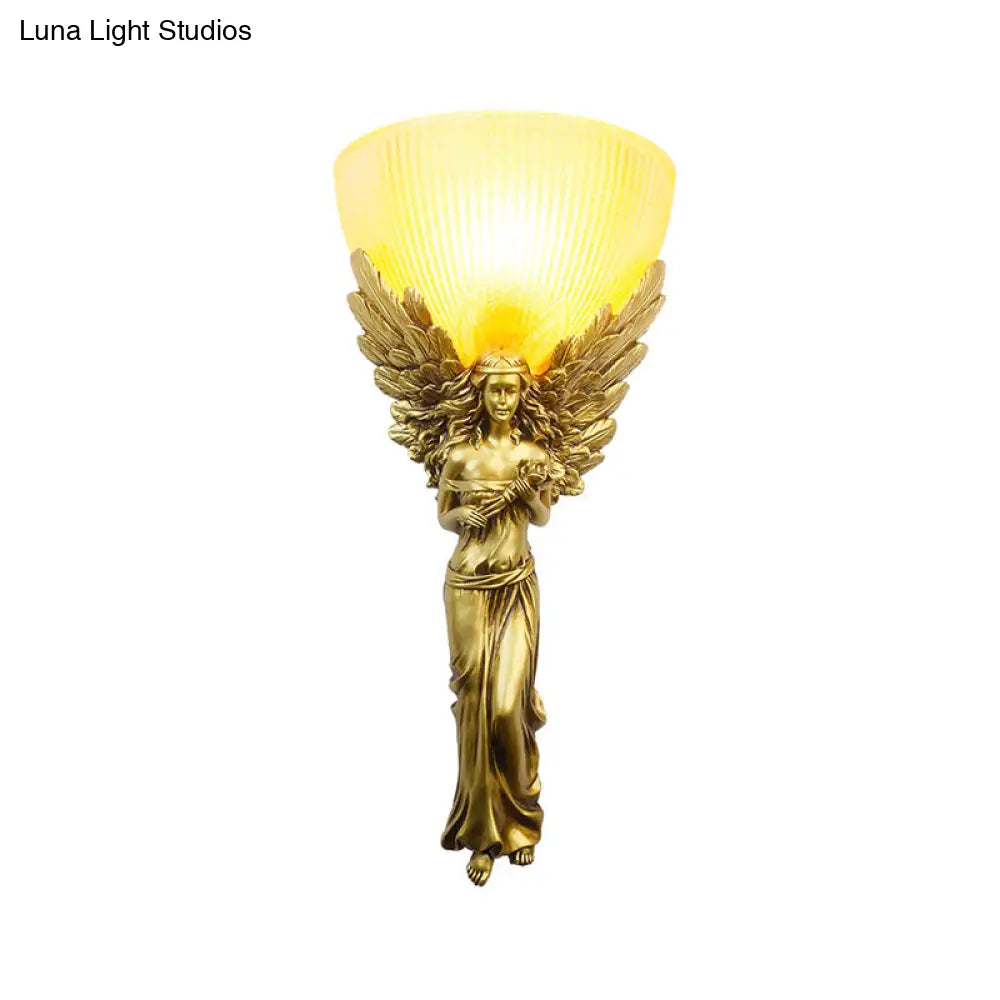 Country Style Resin Angel Sconce Light With Yellow Glass Shade - Gold/Silver/White Finish