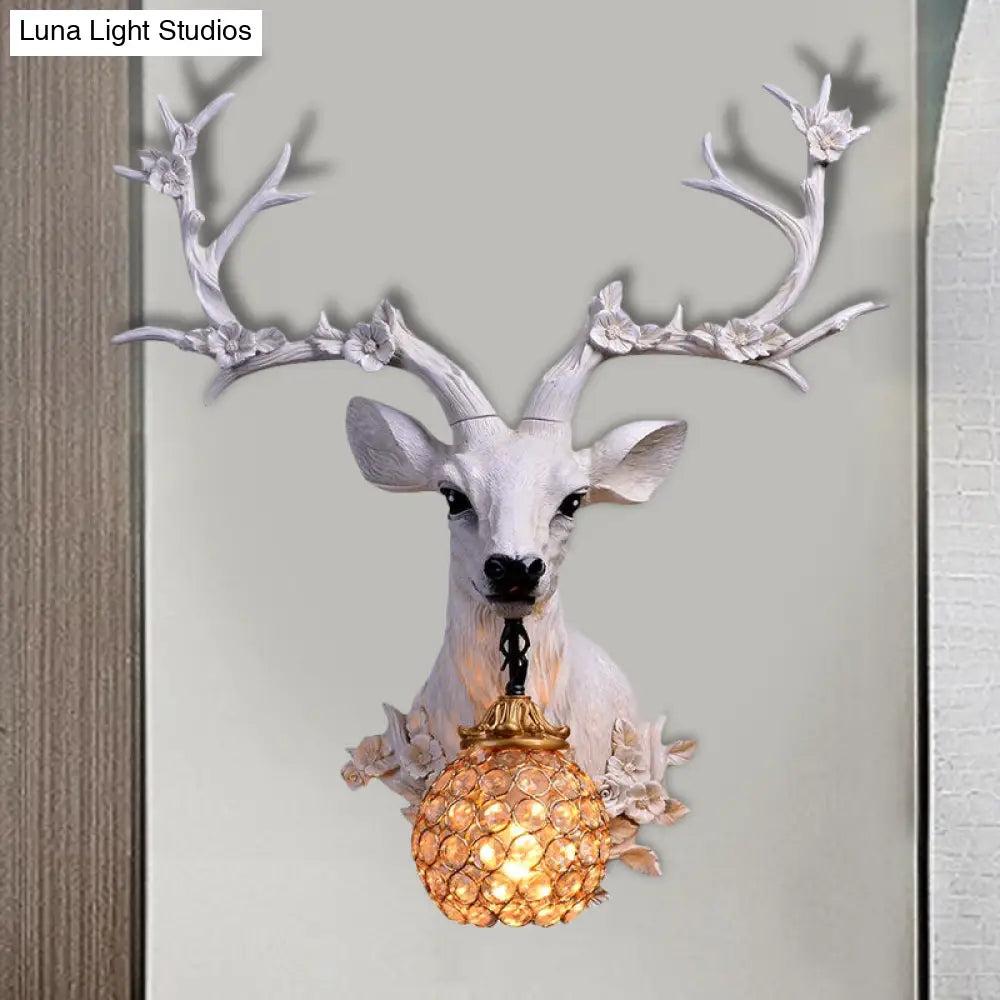 Country Style Resin Deer And Flower Wall Lamp With Faceted Clear Crystal Shade