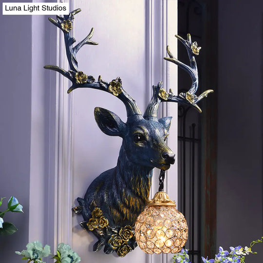 Country Style Resin Deer And Flower Wall Lamp With Faceted Clear Crystal Shade