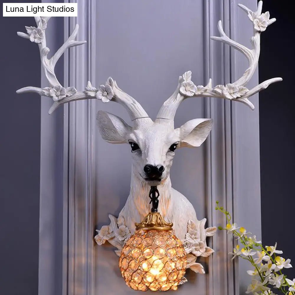 Country Style Resin Deer And Flower Wall Lamp With Faceted Clear Crystal Shade