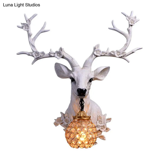 Country Style Resin Deer And Flower Wall Lamp With Faceted Clear Crystal Shade