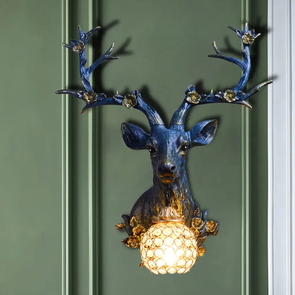 Country Style Resin Deer And Flower Wall Lamp With Faceted Clear Crystal Shade Blue