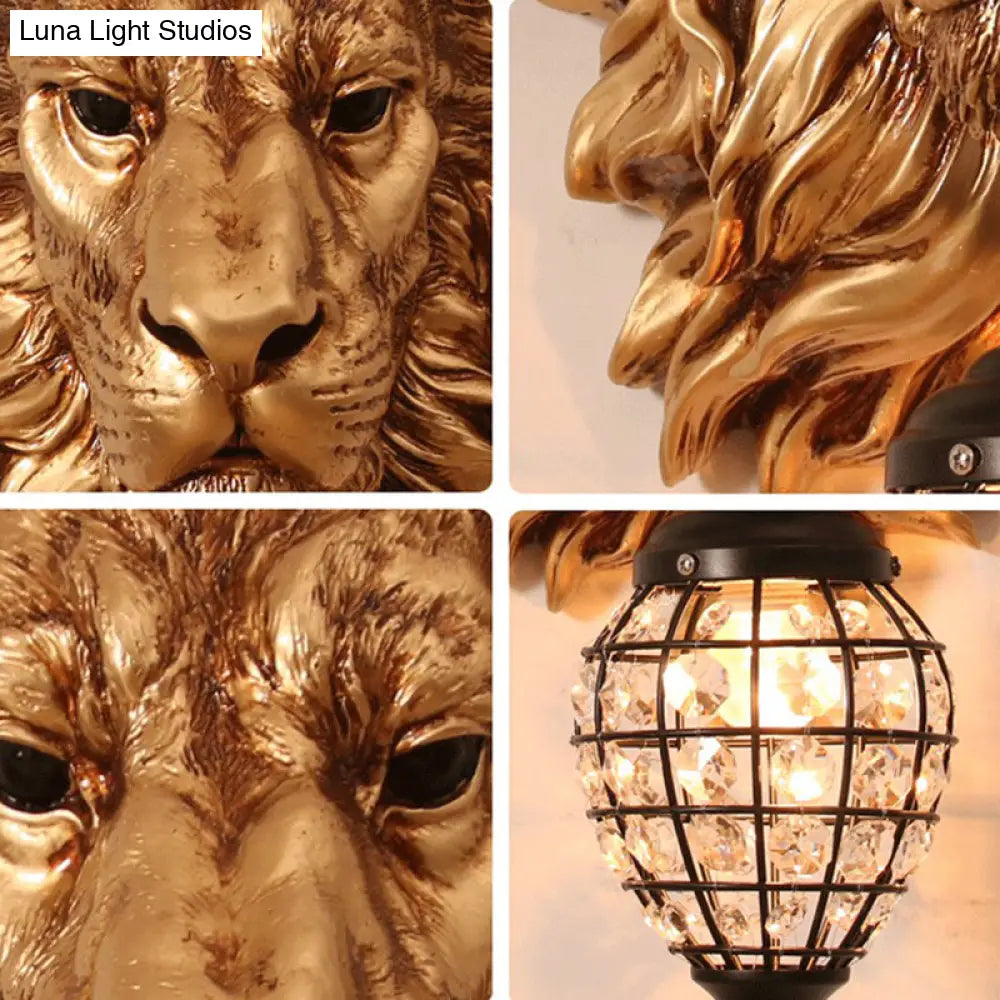 Country Style Resin Lion Wall Sconce: 1 Light Brown Lamp With Crystal Shade