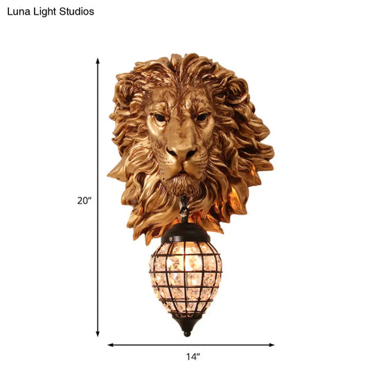 Country Style Resin Lion Wall Sconce: 1 Light Brown Lamp With Crystal Shade