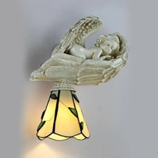 Country Style Resin Sleeping Angel Leaf Wall Sconce Light - Stained Glass Clear/Beige Beige