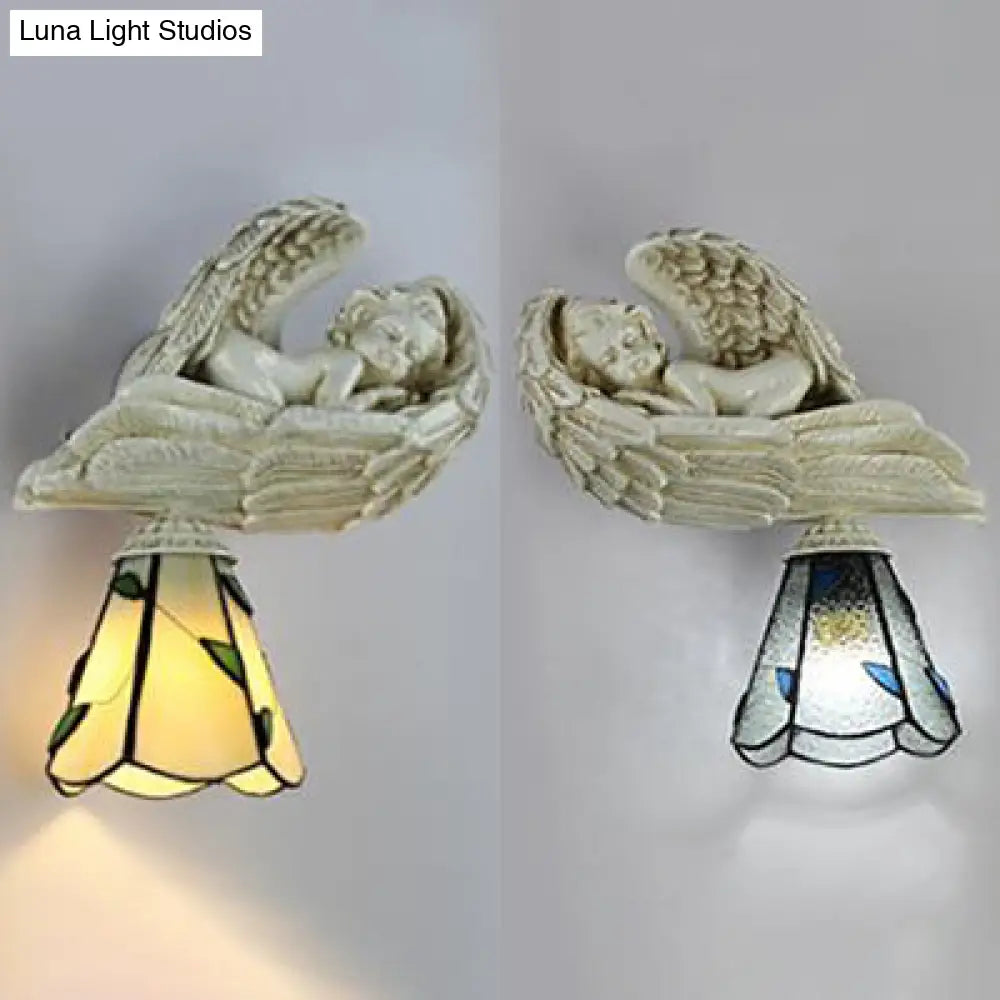 Country Style Resin Sleeping Angel Leaf Wall Sconce Light - Stained Glass Clear/Beige