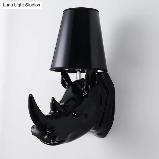 Country Style Rhinoceros Resin Sconce Light - Wall Mounted Lamp With Cone Fabric Shade