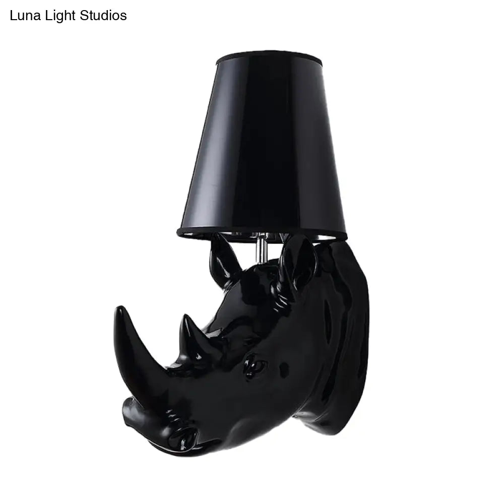 Country Style Rhinoceros Resin Sconce Light - Wall Mounted Lamp With Cone Fabric Shade