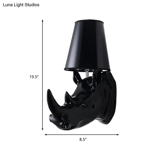 Country Style Rhinoceros Resin Sconce Light - Wall Mounted Lamp With Cone Fabric Shade