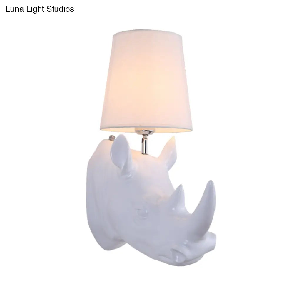 Country Style Rhinoceros Resin Sconce Light - Wall Mounted Lamp With Cone Fabric Shade