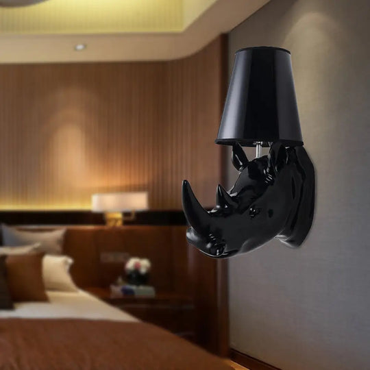 Country Style Rhinoceros Resin Sconce Light - Wall Mounted Lamp With Cone Fabric Shade Black